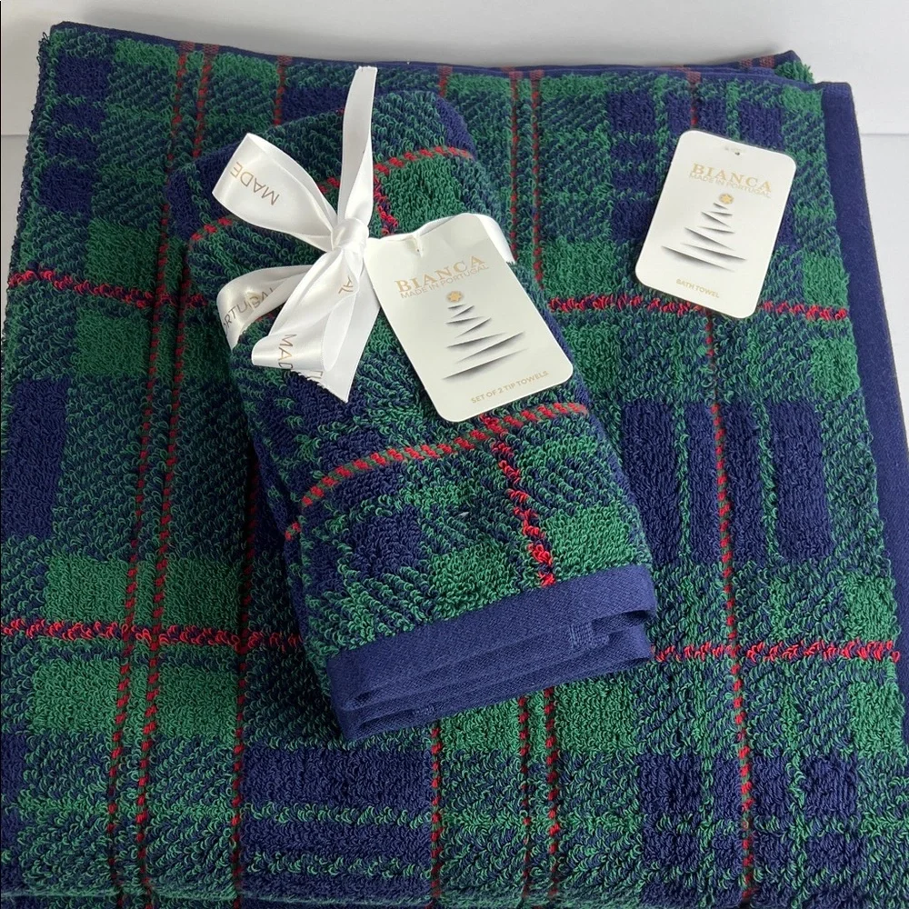 Bianca Bath Towel Set Plaid Green Blue Red Tartan Made in Portugal 3Pc Set NEW
